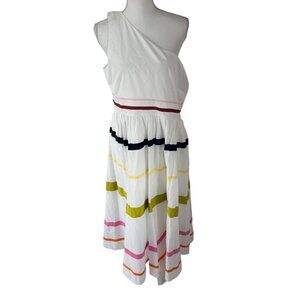 J Crew Lisbon Dress Cotton Poplin White Stripes One Shoulder Midi AP215 Size 14